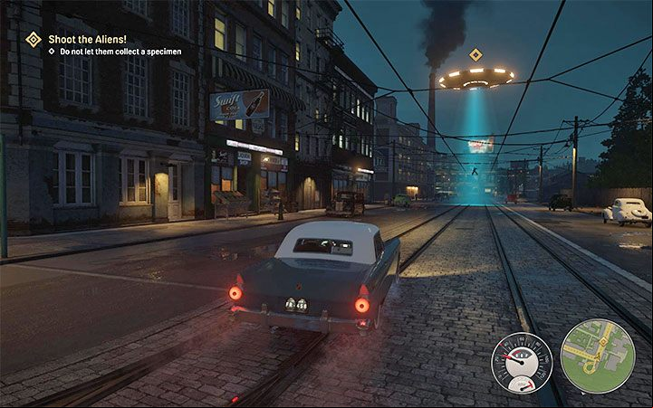 When the challenge begins, a flying saucer will appear over Tommy - Mafia Definitive Edition: Alien Infiltration - Free raid - Mafia Definitive Edition Guide, Walkthrough