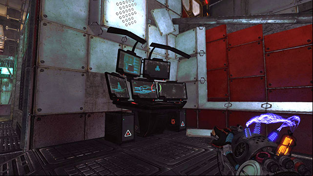Go along the left wall until you get to the stairs and control (screen above) - Pattern Recognition - Walkthrough - Act II - Magrunner: Dark Pulse - Game Guide and Walkthrough