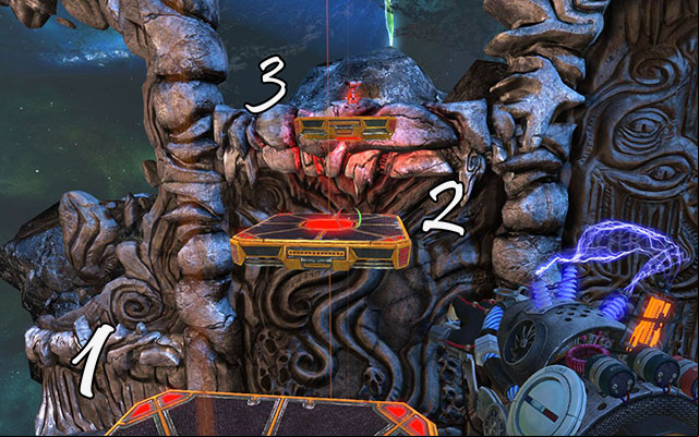 Place red Newtons on wall behind platform number 3 - The Damned - Walkthrough - Act III - Magrunner: Dark Pulse - Game Guide and Walkthrough