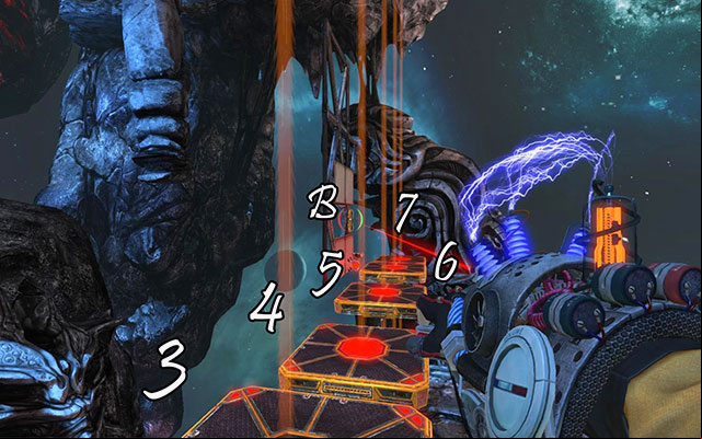 In this moment, when first platforms start rising, turn around to number 7 and set up red Newton on a over it - The Damned - Walkthrough - Act III - Magrunner: Dark Pulse - Game Guide and Walkthrough