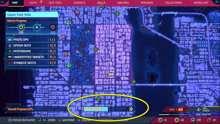 Once you unlock fast travel in a district, open the map, move the cursor to the destination and hold the Triangle button - Spider-Man 2: How to unlock fast travel? - FAQ - Spider Man 2 Guide