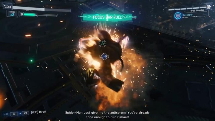 When swinging on web, your enemy can execute only one attack - grab a piece of metal and throw it at you - Marvels Spider-Man: Doctor Octopus - final boss, how to beat? - Bosses - Spider-Man Game Guide