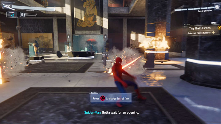 Kingpin doesnt participate in the first part of the fight - instead, you have to destroy the turrets in his office - Marvels Spider-Man: First Boss Wilson Fisk (The Kingpin) - boss, how to beat? - Bosses - Spider-Man Game Guide