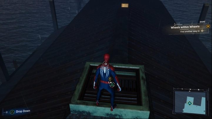Go to the roof of the warehouse and then through the hatch that you will see there - Marvels Spider-Man: Wheels within Wheels - walkthrough - Main missions - Spider-Man Game Guide