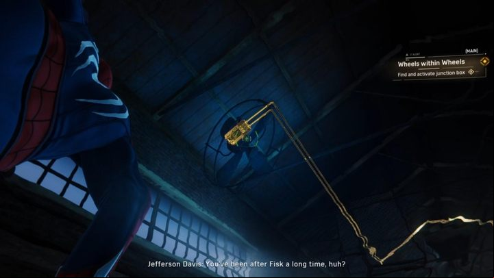 Wait for the policeman to enter the elevator and shoot the reel above him in order to pull him up - Marvels Spider-Man: Wheels within Wheels - walkthrough - Main missions - Spider-Man Game Guide