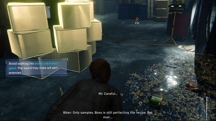 Go left, the guard over you and go between the boxes and the glass - Marvels Spider-Man: Dinner Date - walkthrough - Main missions - Spider-Man Game Guide