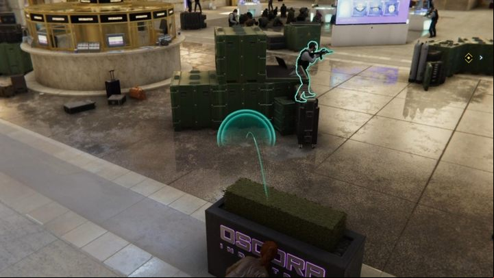 Now go to Oscorp signature and throw the lure behind the boxes - Marvels Spider-Man: The One That Got Away - walkthrough - Main missions - Spider-Man Game Guide
