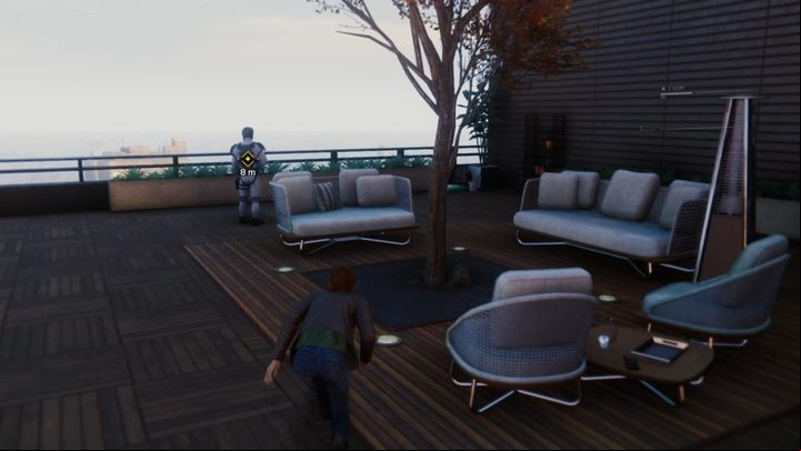 Youll have to reach the balcony while avoiding subsequent enemies, where youll find one last guy waiting to be dazed - Marvels Spider-Man: Step Into My Parlour... - walkthrough - Main missions - Spider-Man Game Guide