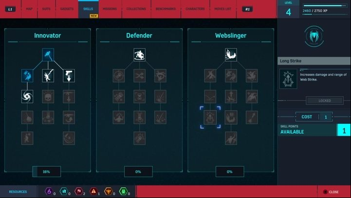 Designers of the game made three skill trees of character development available to the players: Innovator, Defender, Webslinger - you can purchase and improve 34 skills in total - Marvels Spider-Man: Character development - Basics - Spider-Man Game Guide