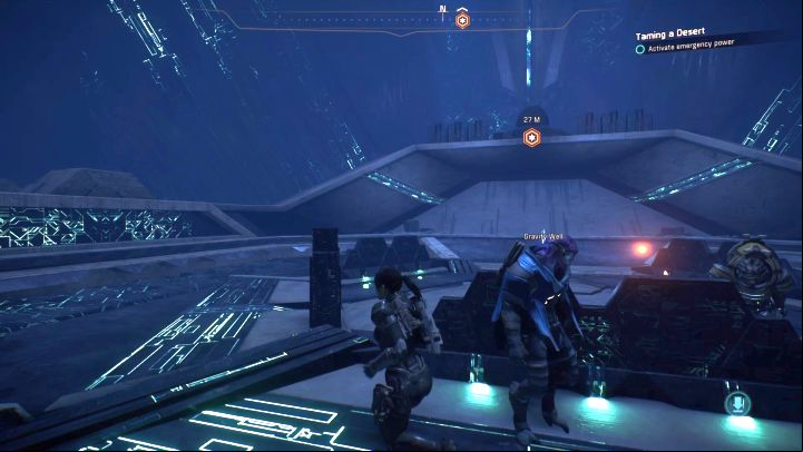 The console needed to restore power is on the platform above. - Taming a Desert on Elaaden - Elaaden - Mass Effect: Andromeda Game Guide