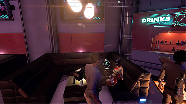 Lexi is sitting at the Vortex Bar - Lexi TPerro: Bottom of a Bottle | Allies and Relationships - Allies and Relationships quests - Mass Effect: Andromeda Game Guide