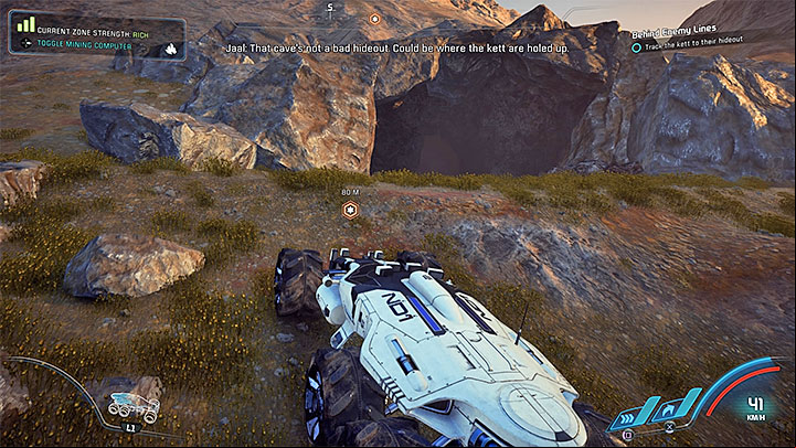 You must use the scanner and find the Kett tracks similar to those in the picture 1 - Behind Enemy Lines | Kadara side quests - Kadara - Mass Effect: Andromeda Game Guide