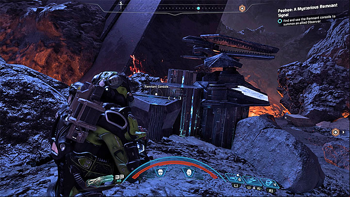 The big boulder is on the right and, after scanning it, you learn that you need to find Observers activation console - Peebee: A Mysterious Remnant Signal (loyalty mission) | Allies and Relationships - Allies and Relationships quests - Mass Effect: Andromeda Game Guide