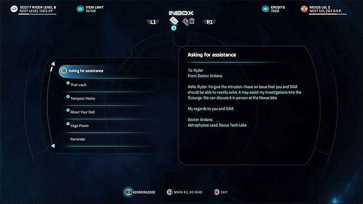 Wait for an e-mail from Doctor Aridana - The Firefighters | Nexus side quests - Nexus - Mass Effect: Andromeda Game Guide