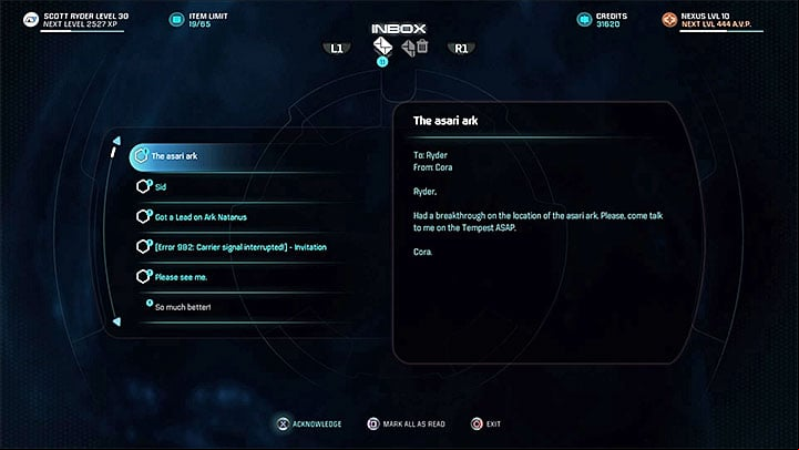Read the e-mail regarding the asari ark, then visit Coras cabin to talk to her - Cora Harper: At Dutys Edge (loyalty mission) | Allies and Relationships - Allies and Relationships quests - Mass Effect: Andromeda Game Guide