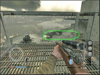 Once you've killed all visible soldiers, turn around and head on to a safe zone - Destroy AA Guns - part 1 - Operation Der Flakturm - Medal of Honor: Airborne - Game Guide and Walkthrough