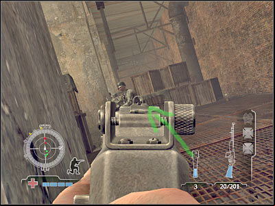 Once you've reached the far side of this platform, you will have to turn left - Sabotage Tank Factory Control Room - part 2 - Operation Varsity - Medal of Honor: Airborne - Game Guide and Walkthrough