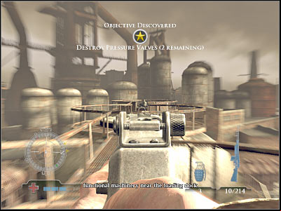 Start off by going towards the nearby tank (the same one that was being guarded by a killed sniper) - Destroy Pressure Valves - part 1 - Operation Varsity - Medal of Honor: Airborne - Game Guide and Walkthrough