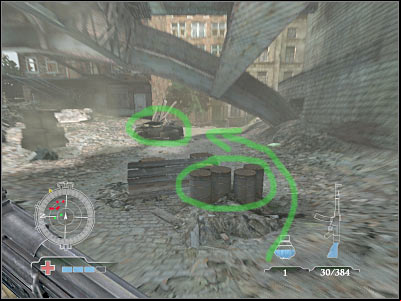 Once you're close enough to the building, you'll be able to hide behind a destroyed car - Assemble with Airborne at Bridge Surface - Operation Market Garden - Medal of Honor: Airborne - Game Guide and Walkthrough