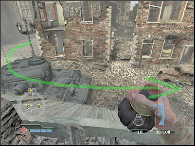 You won't have to be precise here, especially since the tank is near your position - Knock-out Roving Tiger Tank - Operation Market Garden - Medal of Honor: Airborne - Game Guide and Walkthrough