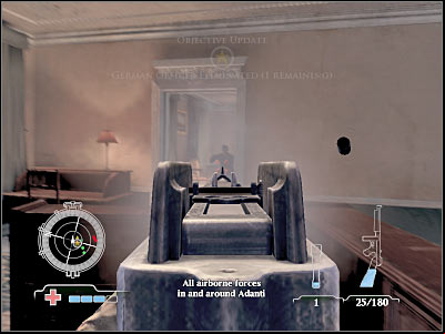 Reaching the roof area isn't going to be that simple, mostly because one of the nearby rooms is being guarded by a very large group of enemy soldiers - Eliminate German officers - part 2 - Operation Husky - Medal of Honor: Airborne - Game Guide and Walkthrough