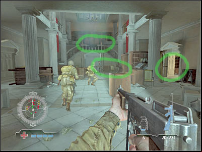 Once you've managed to secure the entire ground floor, you should consider moving closer to the stairs - Destroy Town Hall AA Guns - part 2 - Operation Husky - Medal of Honor: Airborne - Game Guide and Walkthrough