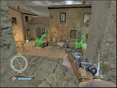 Once you've secured the square from the top, use the stairs (or jump through the window - risky if you're playing at Expert) to re with the rest of the squad - Destroy Northeast Gate AA Gun - Operation Husky - Medal of Honor: Airborne - Game Guide and Walkthrough