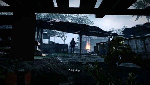 Run towards the next hut (you will see roof collapsing on the right) and get down to the right of the burning barrels to crawl under the hut - Mission 05: Changing Tides - Campaign - Medal of Honor: Warfighter - Game Guide and Walkthrough