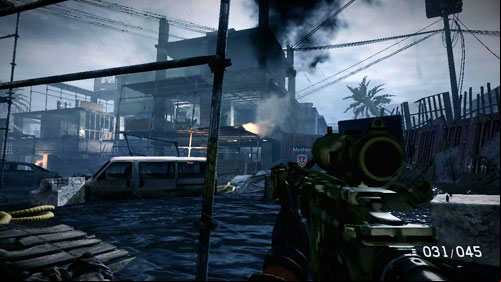 One enemy will be shooting from the middle building (he will hide behind windows with boards) and others will move towards the balcony of the building on the right (see picture above) - Mission 05: Changing Tides - Campaign - Medal of Honor: Warfighter - Game Guide and Walkthrough