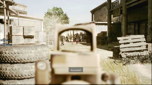 Hide behind the tires and open fire on the three enemies (picture above), who run their exact opposite - Mission 08: Finding Faraz - Campaign - Medal of Honor: Warfighter - Game Guide and Walkthrough