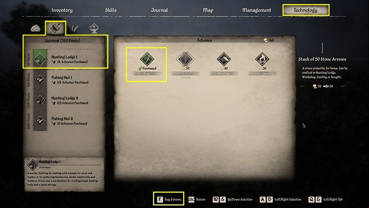 In the Technology and Survival section, you have to buy a bow scheme for 50 coins - Medieval Dynasty: Bow - how to get it? - FAQ - Medieval Dynasty Guide