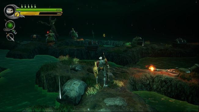 Now carefully shoot one of the chests with the skull - this will initiate a chain reaction, activating the remaining ones and pushing the enemies into the swamp - Pools of the Ancient Dead | MediEvil Walkthrough - Walkthrough - MediEvil Guide