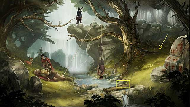 Go back lower and take the branch with necklace from the water - Steel Rachwans necklace without being seen - Chapter III - Memoria - Game Guide and Walkthrough