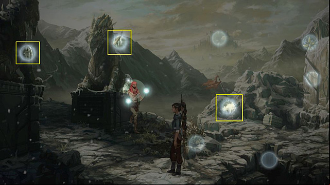 Use send vision spell with the Rachwans necklace and click on an icy glimmer, an icicle and snow - Place the mask on Rachwan - Chapter IV - Memoria - Game Guide and Walkthrough