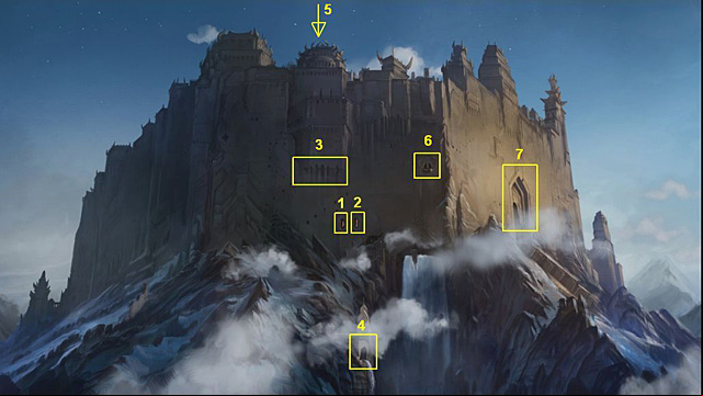 1 - laboratorys left window, 2 - laboratorys right window, 3 - an observatory, 4 - a councils room, 5 - a roof, 6 - the guest room, 7 - a main hall - Convince the iral to take you into the battle - Chapter V - Memoria - Game Guide and Walkthrough