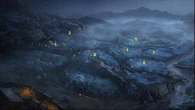 1 - the campground, 2 - the waterfall, 3 - the rock, 4 - the hill, 5 - the bog, 6 - the right part of the forest, 7 - the shore. - Find Fahi and his daughter before the others - Chapter VI - Memoria - Game Guide and Walkthrough