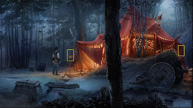Take a lamp, use the knife with the tent wall and look in - Find Fahi and his daughter before the others - Chapter VI - Memoria - Game Guide and Walkthrough