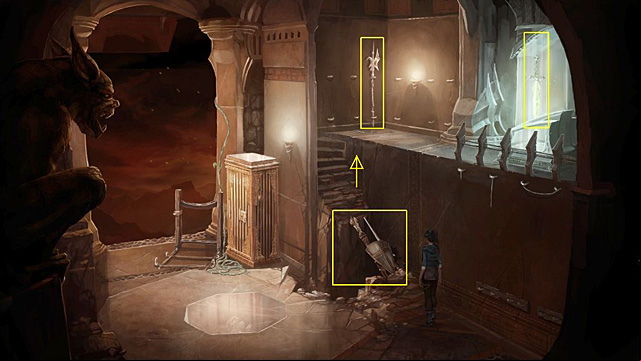 Put the longsword with shuriken and extended mace in the place of impact - Free the staff and leave the armory - Chapter VII - Memoria - Game Guide and Walkthrough