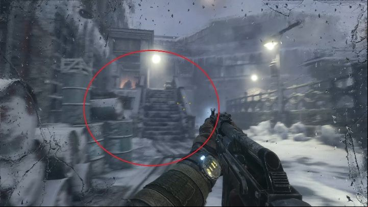 Your next task is to quietly climb the stairs shown on the screen above - Metro Exodus: Inside the enemy base - walkthrough - Moscow - Metro Exodus Guide