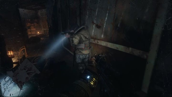 Shoot/deafen enemies until you reach the red door - Metro Exodus: Inside the enemy base - walkthrough - Moscow - Metro Exodus Guide
