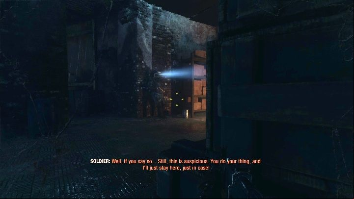 Hide behind the shelves and wait for the other opponent to turn around - Metro Exodus: Inside the enemy base - walkthrough - Moscow - Metro Exodus Guide