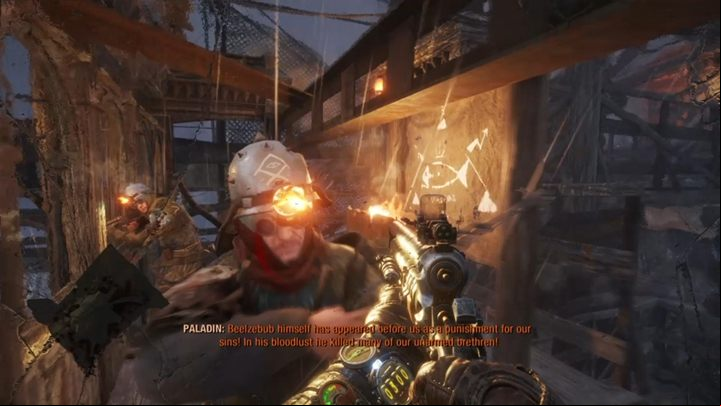 At the top, you will see Silantius speaking to the congregation - Metro Exodus: Cultists Base - walkthrough - Volga - Metro Exodus Guide