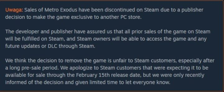 Exactly on January 28, 2019, the world was informed that Metro Exodus will disappear from the Steam service and will return only in February next year - Metro Exodus: Epic Games Store, Steam and preorders of it - Appendix - Metro Exodus Guide