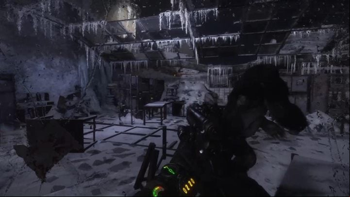 At the top, after some hallucinations, you will see another big primate, this time in a room full of tables - Metro Exodus: Hallucinations and blind beasts - walkthrough - Dead City - Metro Exodus Guide