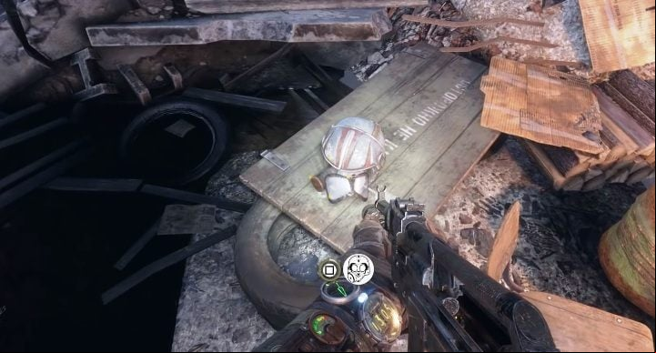 On one of the tables you can find the helm upgrade - Metro Exodus: Weapon and equipment upgrades in Volga - secrets - Equipment Upgrades and Point of interest - Metro Exodus Guide