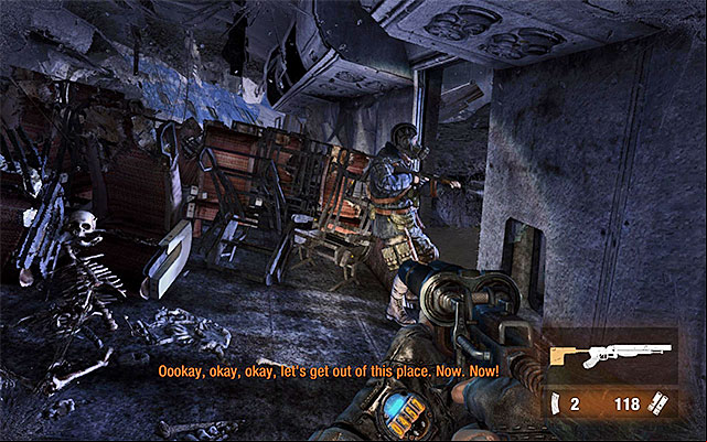 Only then should you your companion to help him put the mask on - Follow Pavel to the Theater Station | Chapter 8: Echoes - Chapter 8: Echoes - Metro: Last Light Game Guide