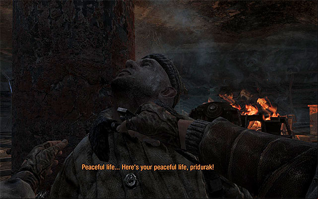 Return to the main tunnel now and carefully approach the area with two flaming railway cars, where there is a larger group of bandits - Use the railcar to reach Venice - part 1 | Chapter 13: Bandits - Chapter 13: Bandits - Metro: Last Light Game Guide