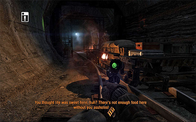 If you are going to save even ore civilians, you will have to reach, quickly, the railway car shown in the above screenshot, with a bandit on it - Find someone to help move the railcar out of the way | Chapter 13: Bandits - Chapter 13: Bandits - Metro: Last Light Game Guide