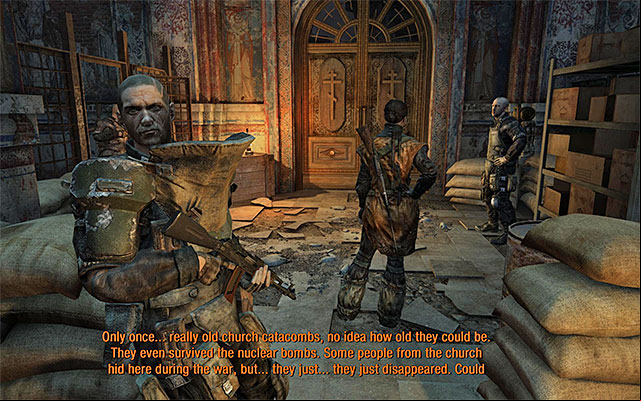 Finally, approach Anna to initiate a cutscene featuring Lesnickis attack on the church - Reach Oktyabrskaya | Chapter 18: Undercity - Chapter 18: Undercity - Metro: Last Light Game Guide