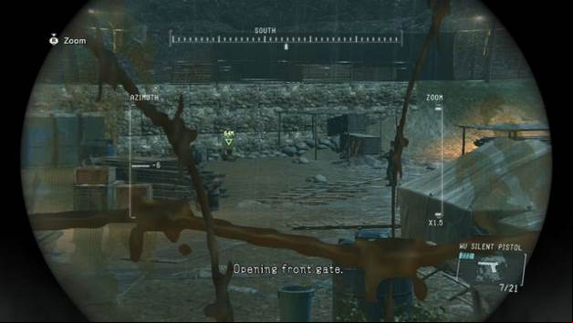 Three guards stand near the prisoner - Free the prisoners - Walkthrough - Metal Gear Solid V: Ground Zeroes - Game Guide and Walkthrough